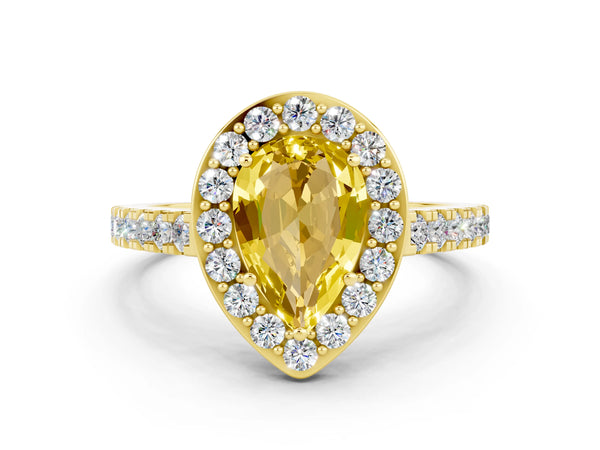 Yellow gold Pear Cut Yellow Sapphire Halo Ring with Round Pavé Split Shank and Prong Setting
