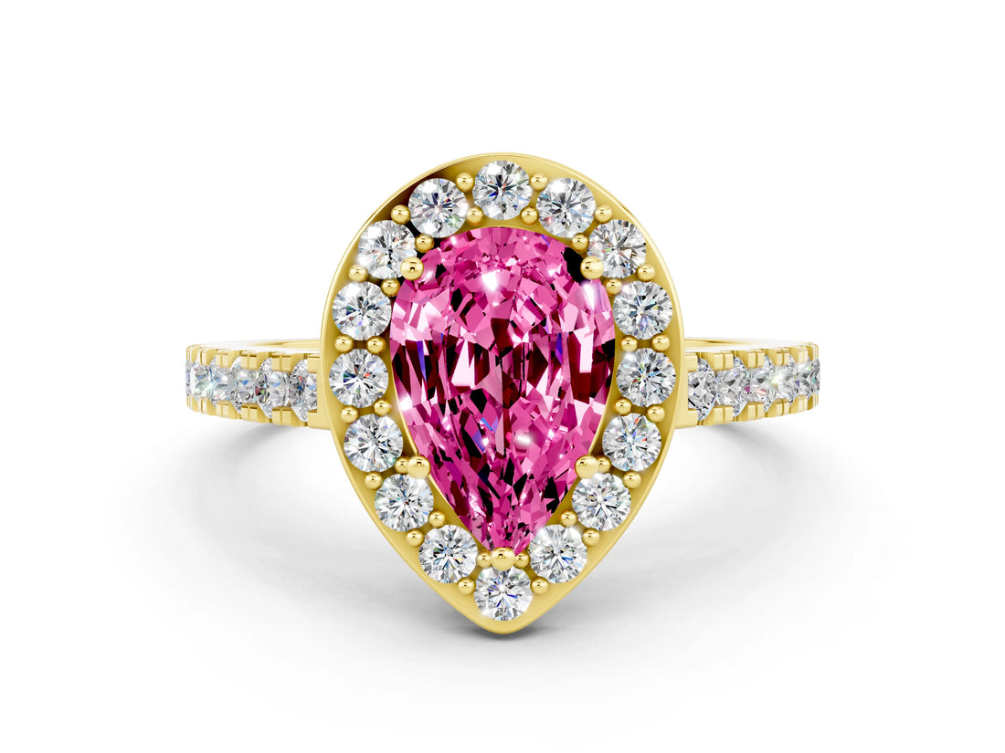 Yellow gold Pear Cut Halo Diamond Ring with Pavé Band and Three-Prong Setting