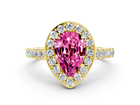 Yellow gold Pear Cut Halo Diamond Ring with Pavé Band and Three-Prong Setting
