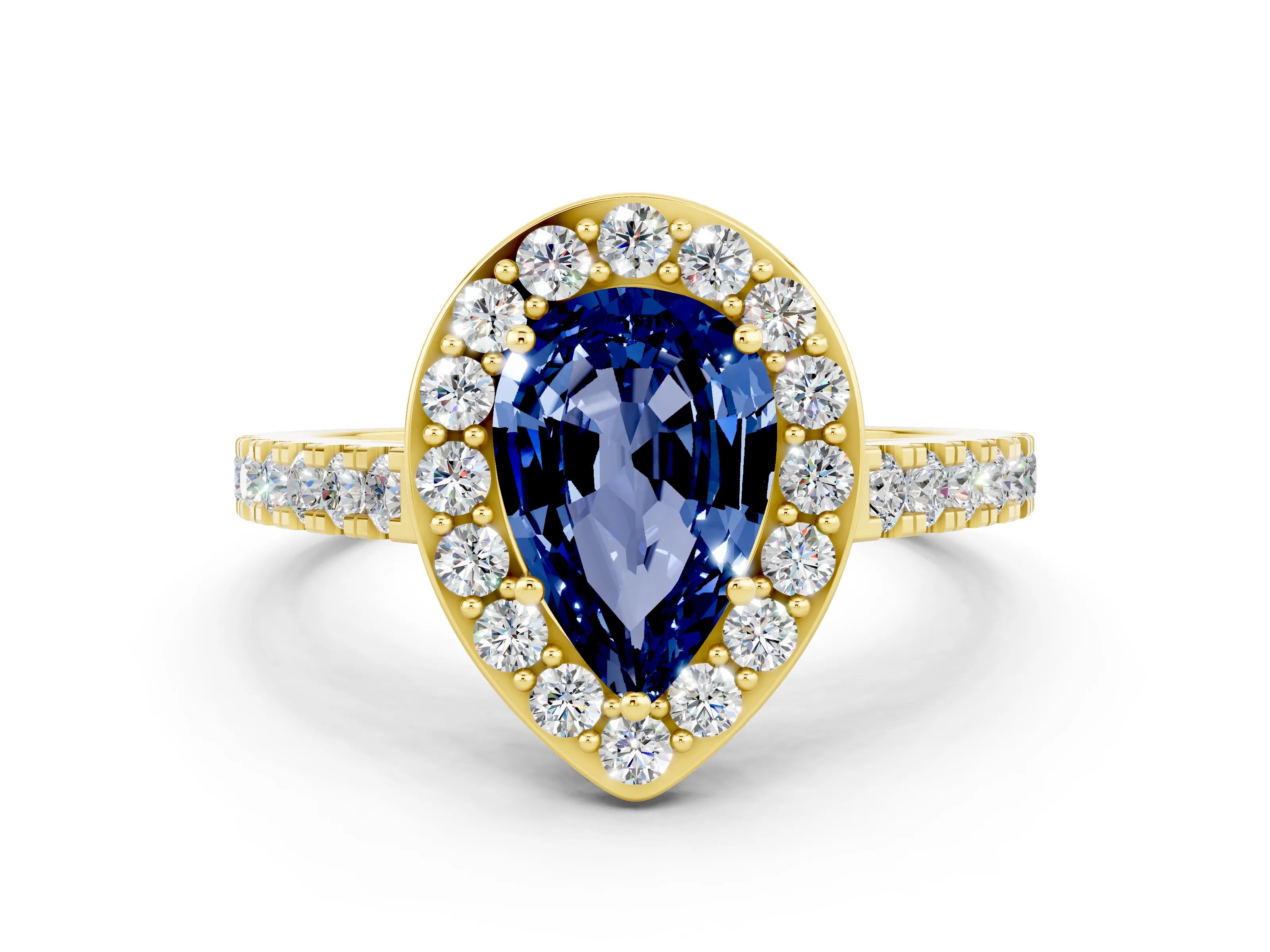 Yellow gold Pear Cut Halo Diamond Ring with Pavé Band and Three-Prong Setting