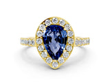Yellow gold Pear Cut Halo Diamond Ring with Pavé Band and Three-Prong Setting