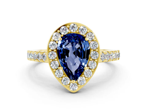 Yellow gold Pear Cut Halo Diamond Ring with Pavé Band and Three-Prong Setting