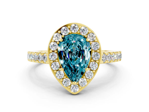 Yellow gold Pear Cut Halo Diamond Ring with Pavé Band and Three-Prong Setting