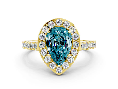 Yellow gold Pear Cut Halo Diamond Ring with Pavé Band and Three-Prong Setting