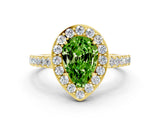 Yellow gold Pear Cut Halo Diamond Ring with Pavé Band and Three-Prong Setting