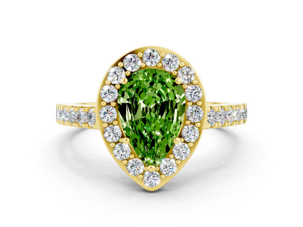 Yellow gold Pear Cut Halo Diamond Ring with Pavé Band and Three-Prong Setting