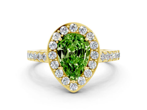 Yellow gold Pear Cut Halo Diamond Ring with Pavé Band and Three-Prong Setting