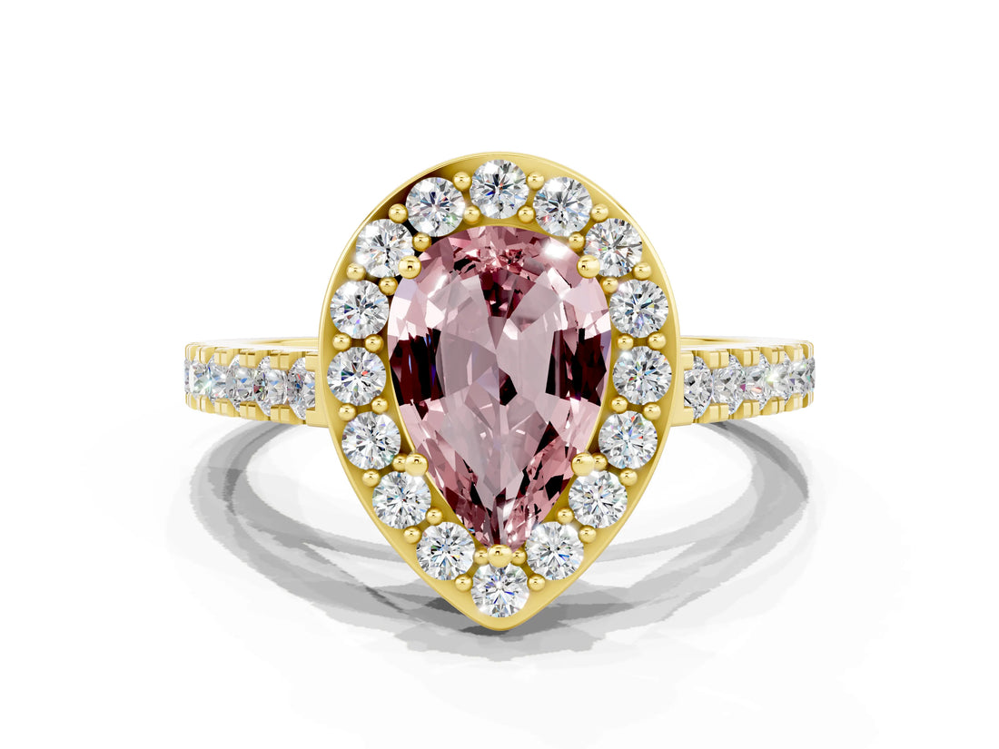 Yellow gold Pear Cut Halo Diamond Ring with Pavé Band and Three-Prong Setting