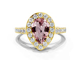 Yellow gold Pear Cut Halo Diamond Ring with Pavé Band and Three-Prong Setting