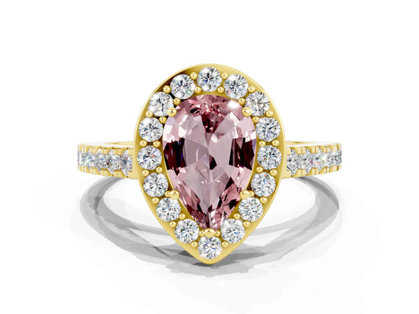 Yellow gold Pear Cut Halo Diamond Ring with Pavé Band and Three-Prong Setting