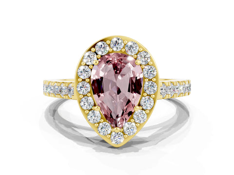 Yellow gold Pear Cut Halo Diamond Ring with Pavé Band and Three-Prong Setting