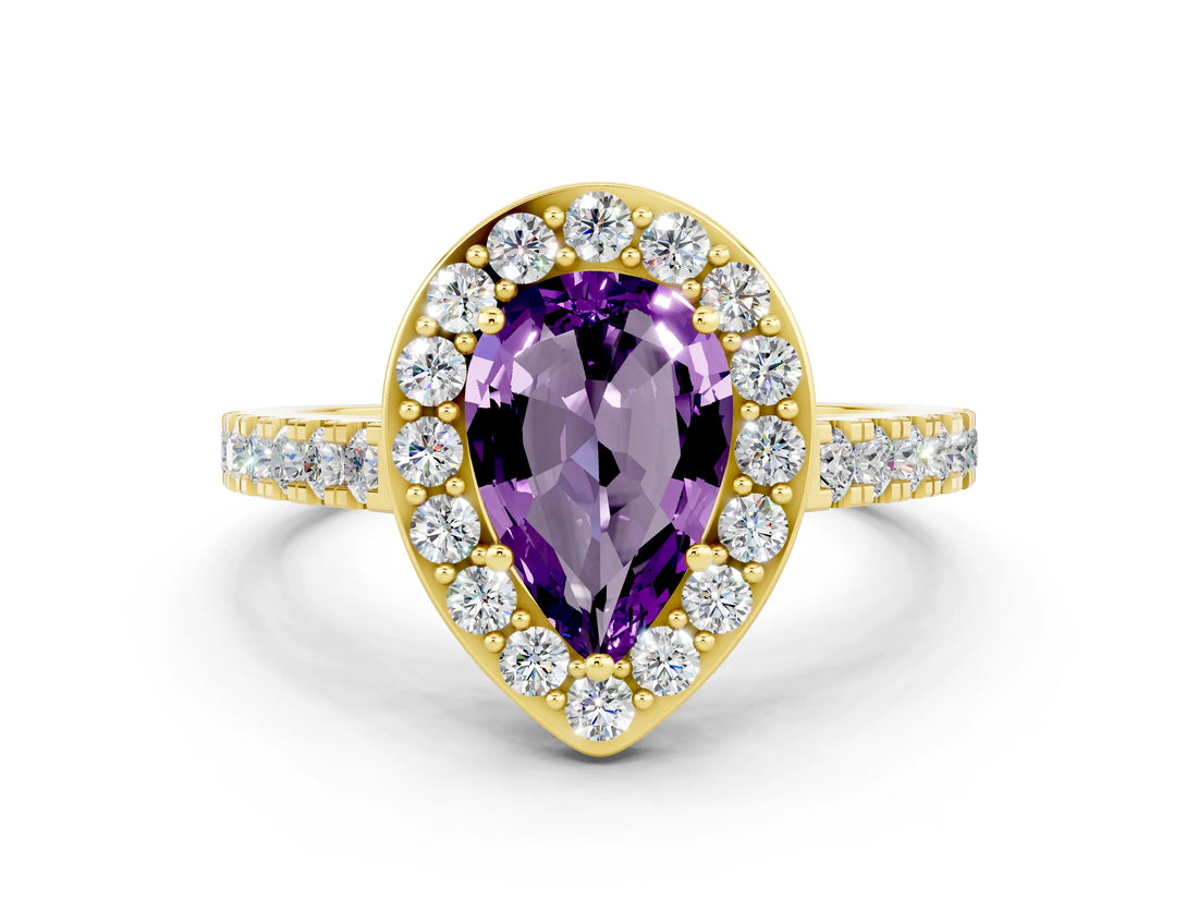 Yellow gold Pear Cut Halo Diamond Ring with Pavé Band and Three-Prong Setting