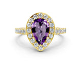 Yellow gold Pear Cut Halo Diamond Ring with Pavé Band and Three-Prong Setting