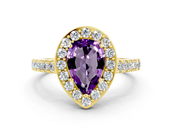 Yellow gold Pear Cut Amethyst Halo Ring with Round Pavé Split Shank and Prong Setting