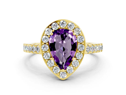 Yellow gold Pear Cut Halo Diamond Ring with Pavé Band and Three-Prong Setting