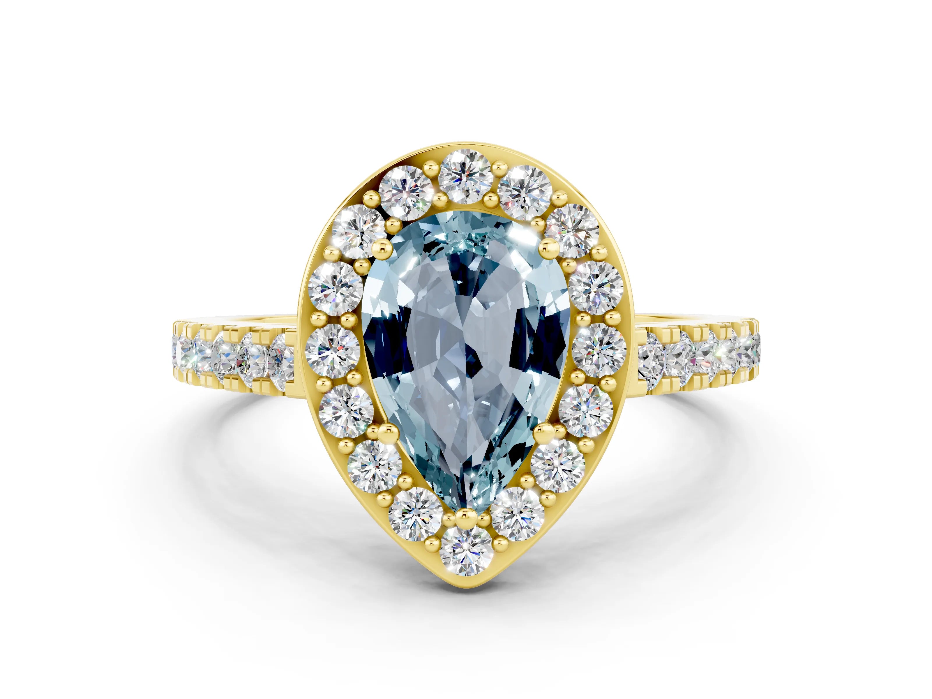 Yellow gold Pear Cut Halo Diamond Ring with Pavé Band and Three-Prong Setting