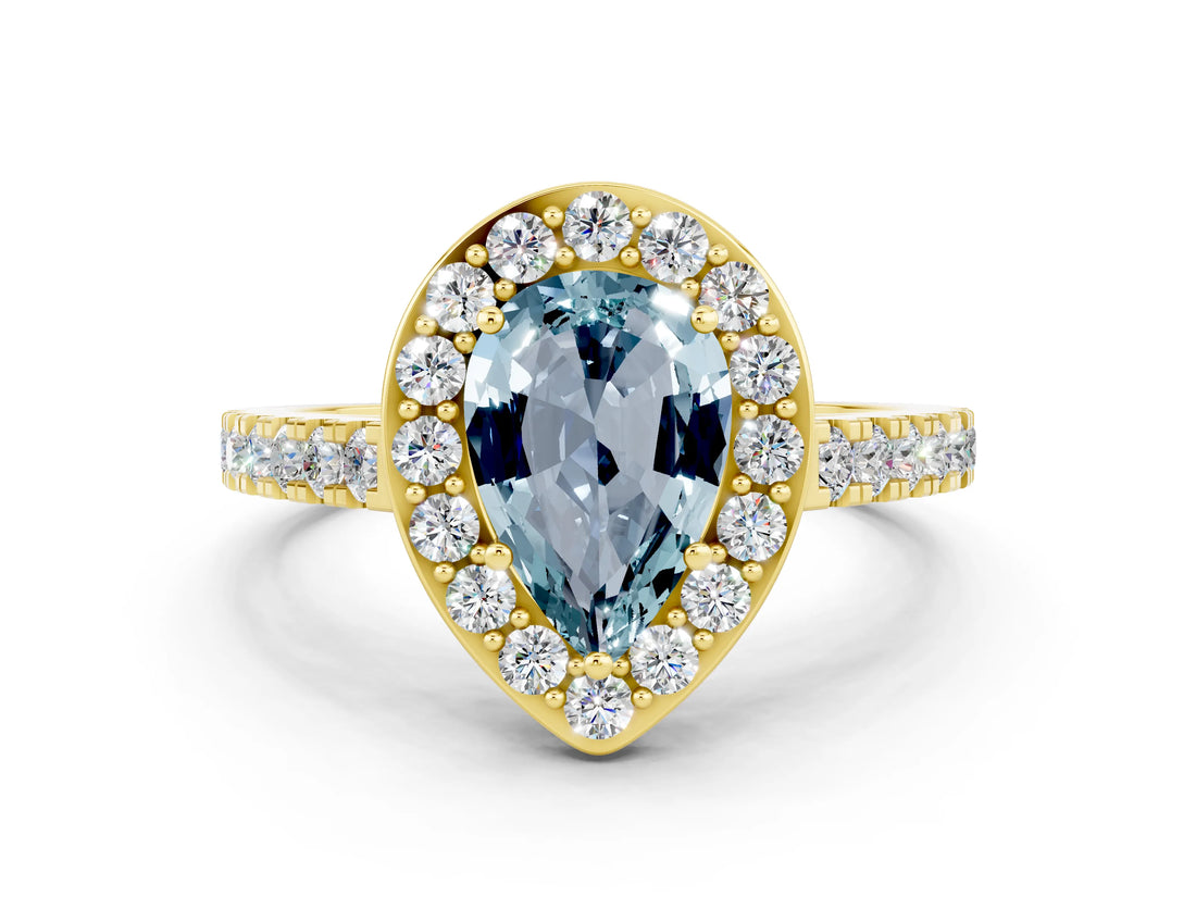 Yellow gold Pear Cut Halo Diamond Ring with Pavé Band and Three-Prong Setting