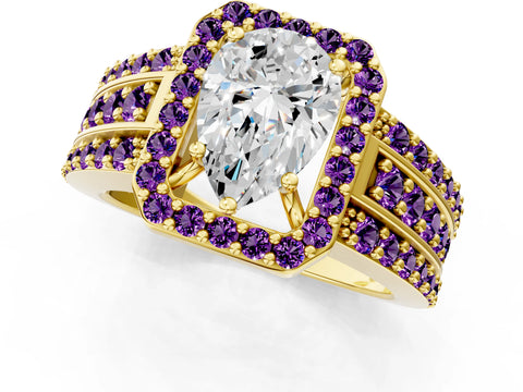 Yellow gold Pear Cut Halo Diamond Ring with Round with Amethyst side stone Split Shank and Prong Setting_1