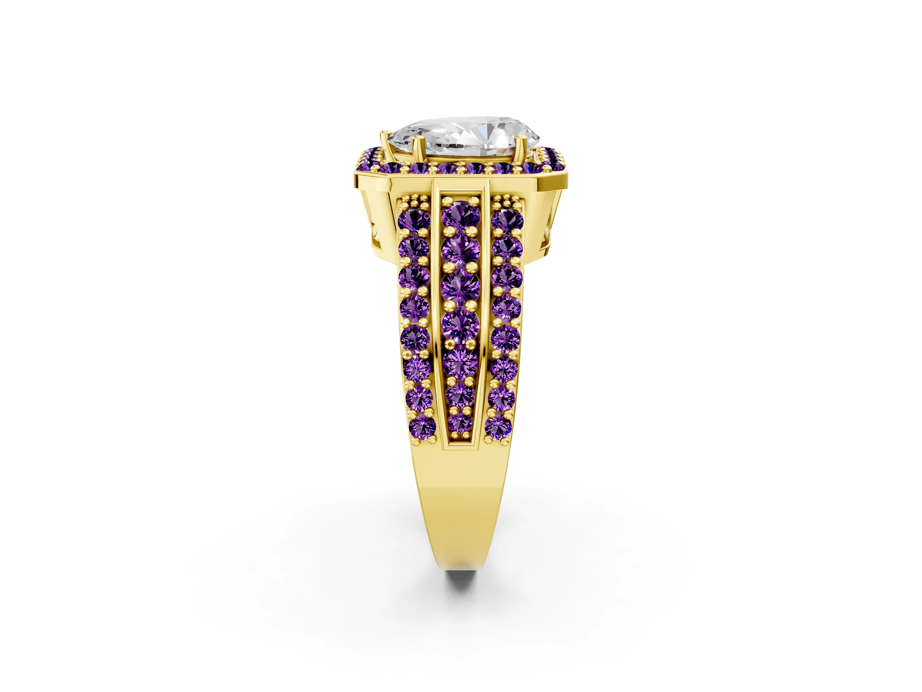 Yellow gold Pear Cut Halo Diamond Ring with Round with Amethyst side stone Split Shank and Prong Setting_2