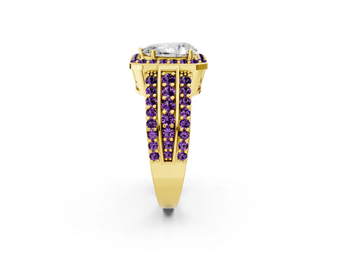 Yellow gold Pear Cut Halo Diamond Ring with Round with Amethyst side stone Split Shank and Prong Setting_2
