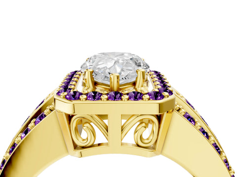 Yellow gold Pear Cut Halo Diamond Ring with Round with Amethyst side stone Split Shank and Prong Setting_4