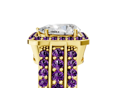 Yellow gold Pear Cut Halo Diamond Ring with Round with Amethyst side stone Split Shank and Prong Setting_5