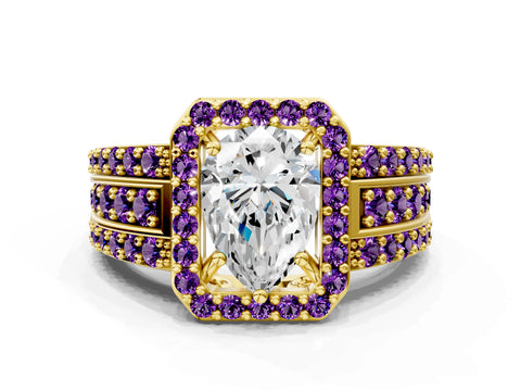 Yellow gold Pear Cut Halo Diamond Ring with Round with Amethyst side stone Split Shank and Prong Setting