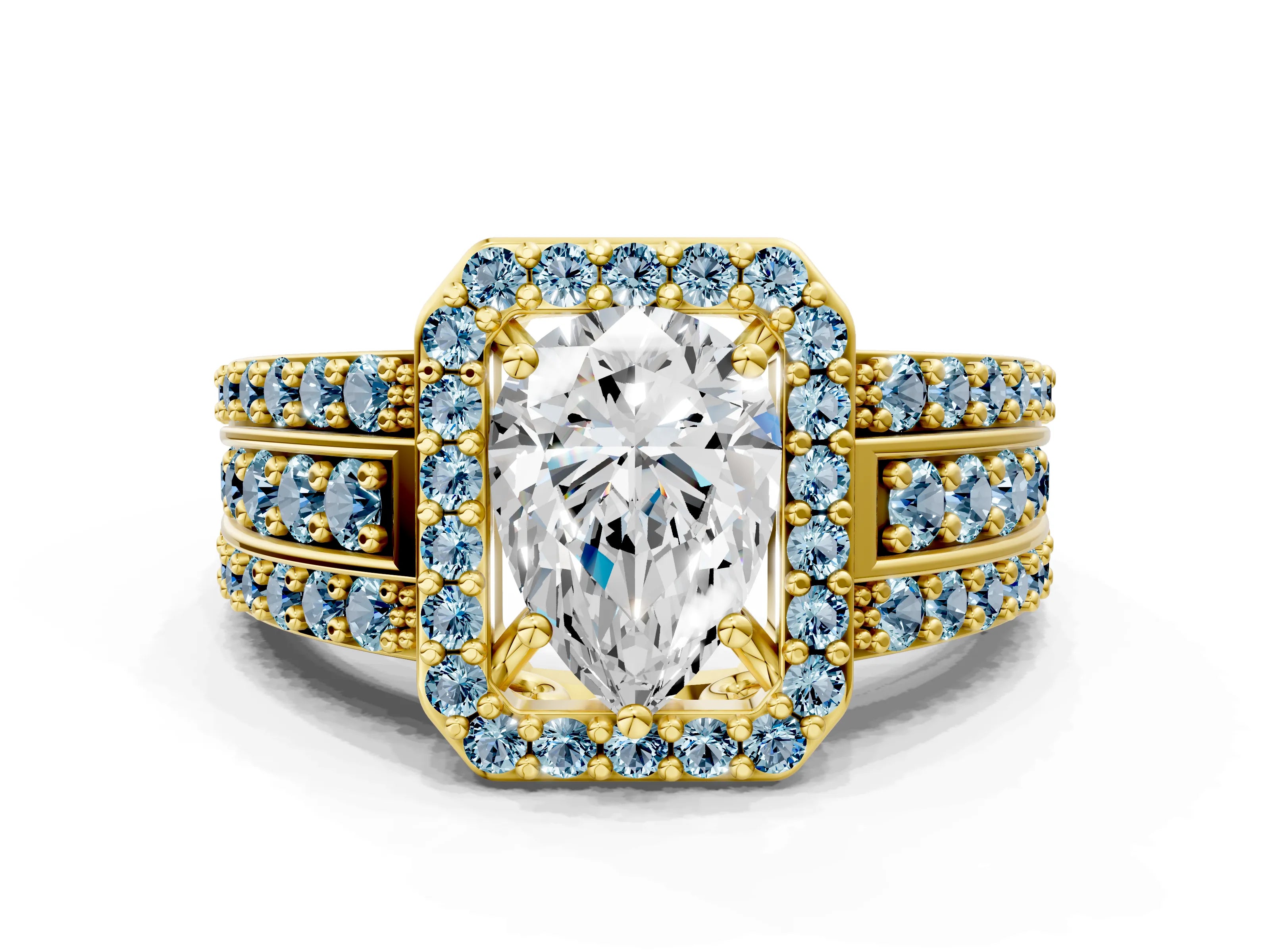 Yellow gold Pear Cut Halo Diamond Ring with Round with Aquamarine side stone Split Shank and Prong Setting
