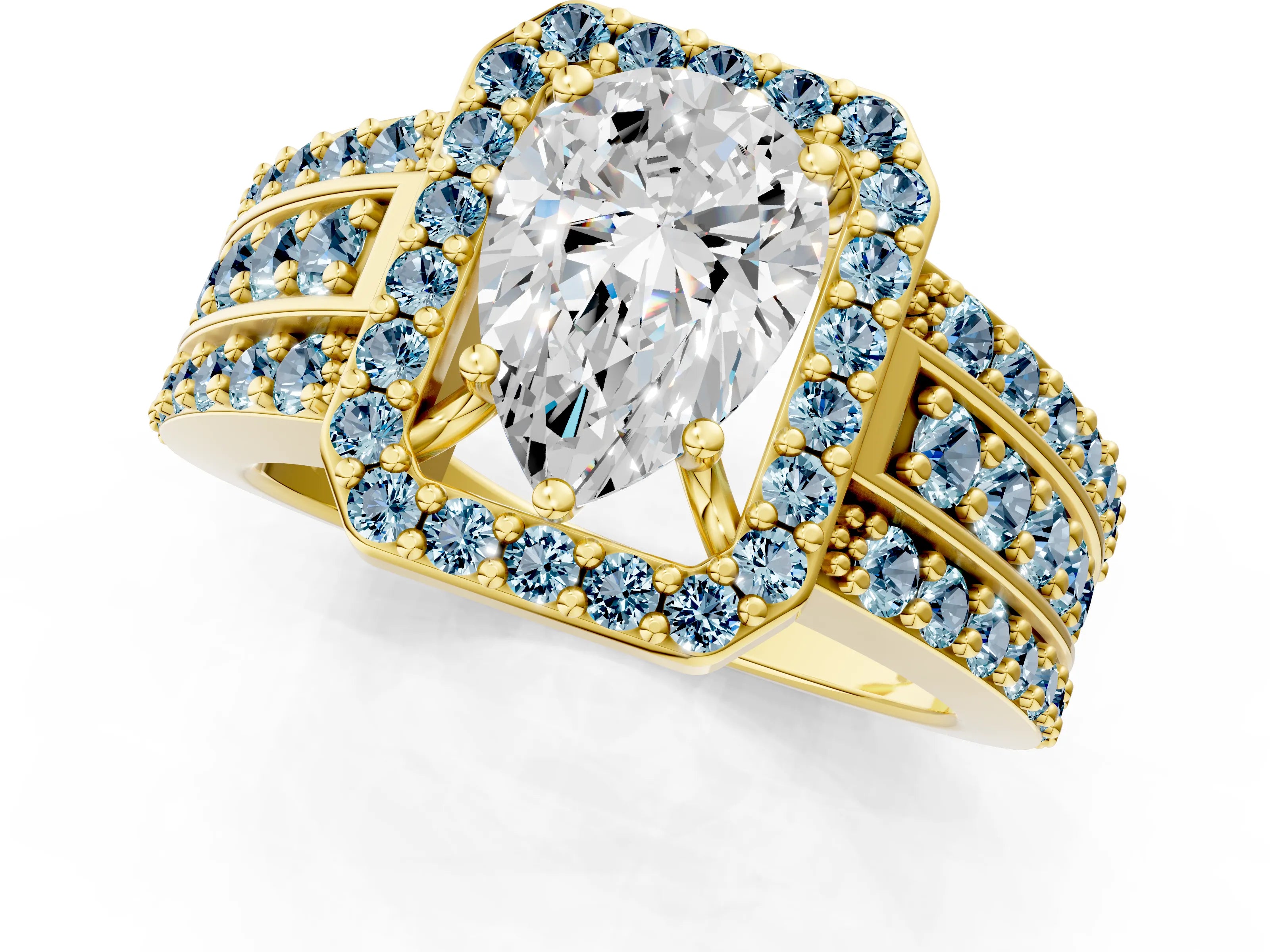 Yellow gold Pear Cut Halo Diamond Ring with Round with Aquamarine side stone Split Shank and Prong Setting_1