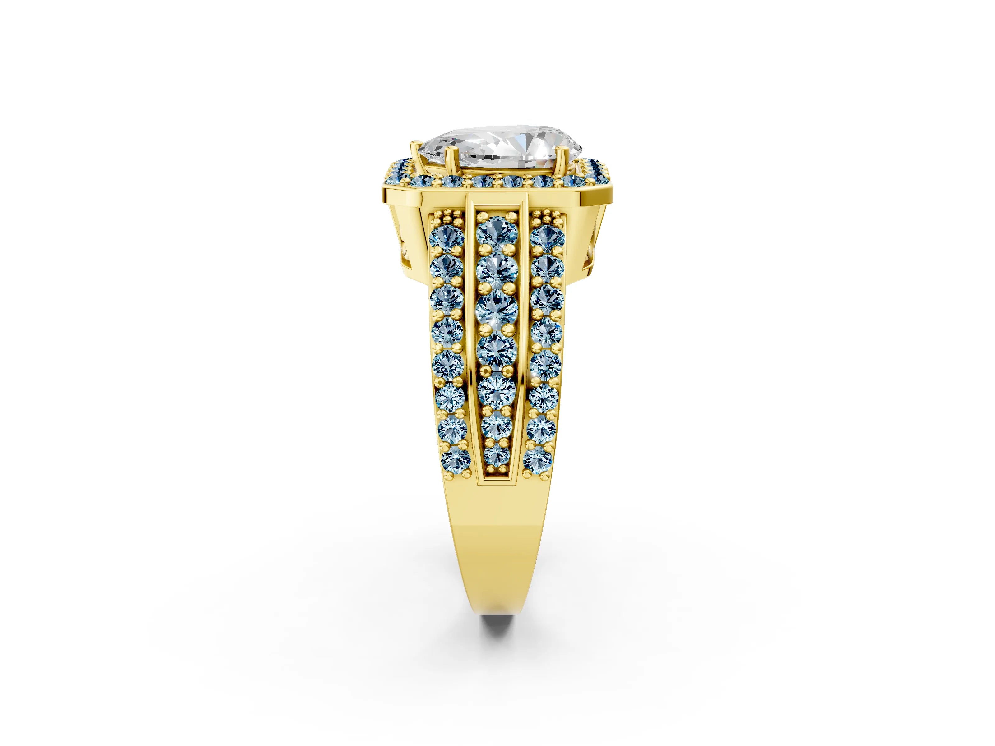 Yellow gold Pear Cut Halo Diamond Ring with Round with Aquamarine side stone Split Shank and Prong Setting_2