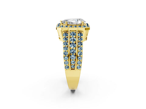 Yellow gold Pear Cut Halo Diamond Ring with Round with Aquamarine side stone Split Shank and Prong Setting_2