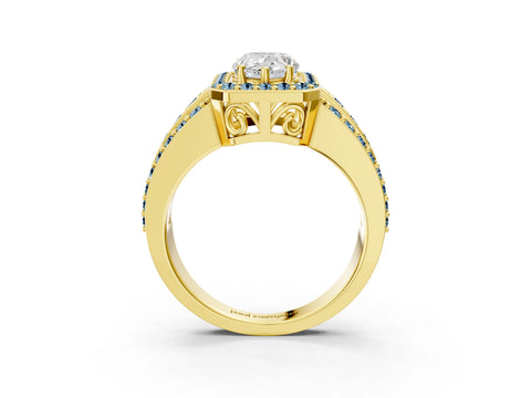 Yellow gold Pear Cut Halo Diamond Ring with Round with Aquamarine side stone Split Shank and Prong Setting_3