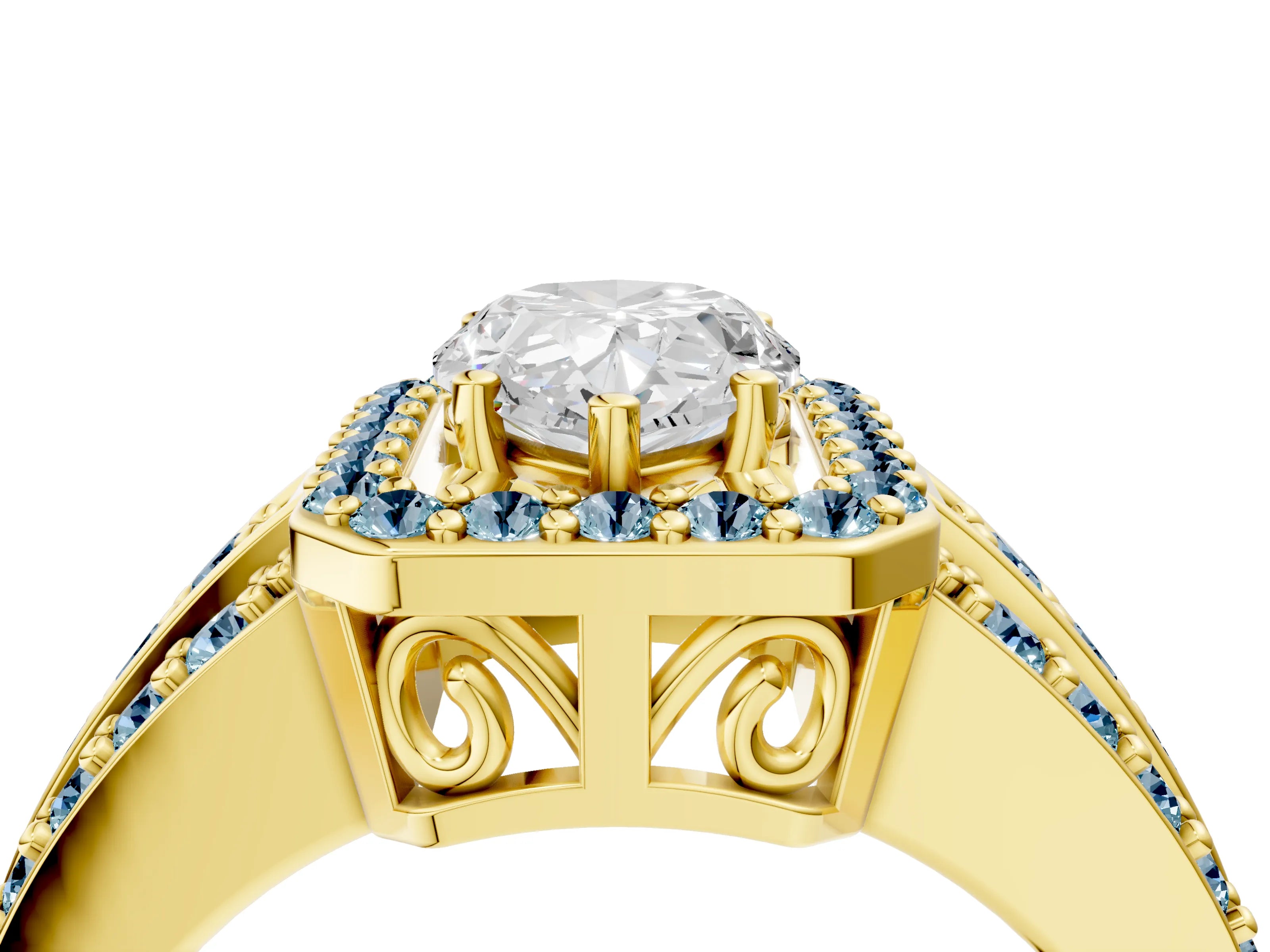 Yellow gold Pear Cut Halo Diamond Ring with Round with Aquamarine side stone Split Shank and Prong Setting_4