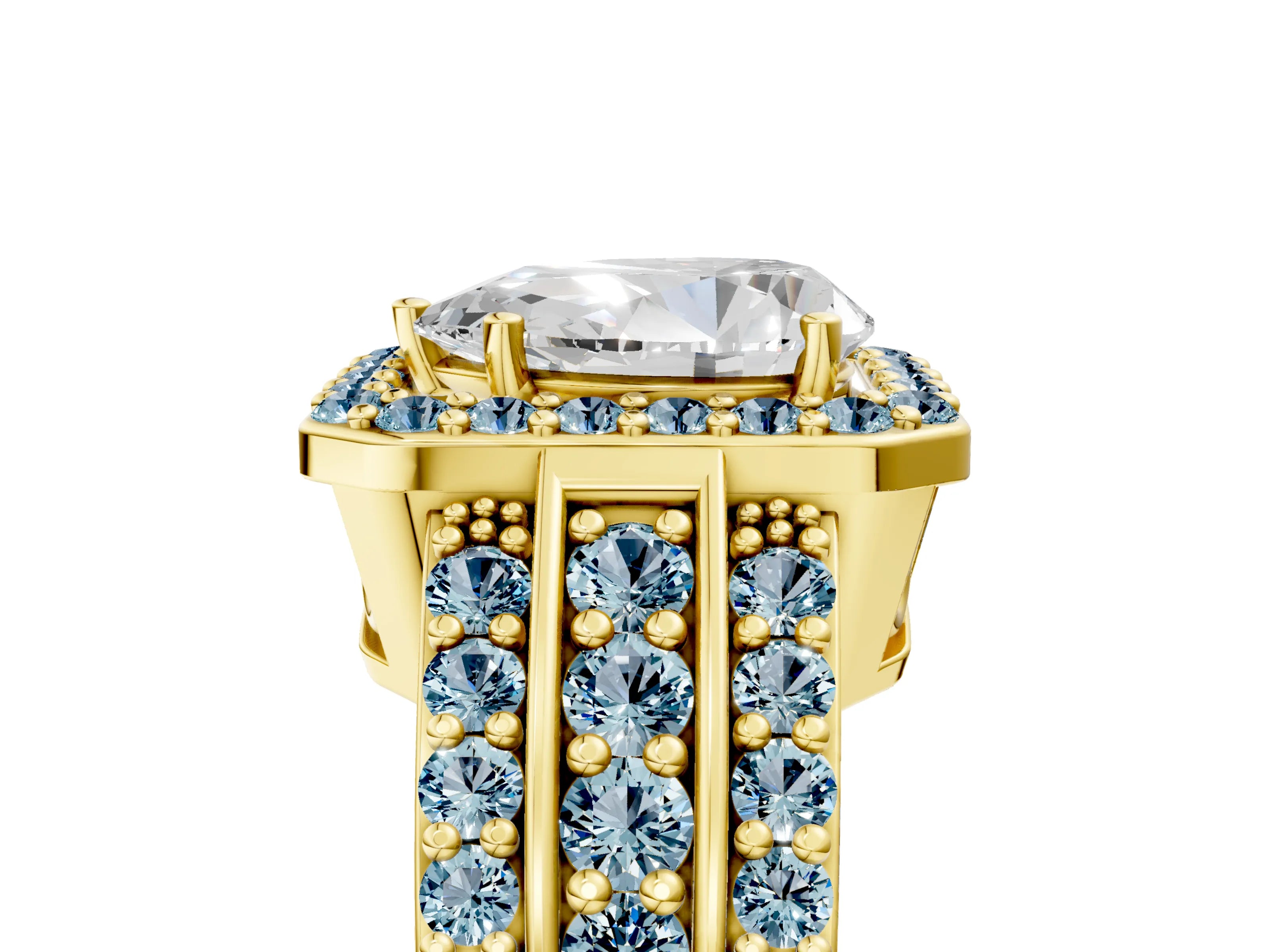 Yellow gold Pear Cut Halo Diamond Ring with Round with Aquamarine side stone Split Shank and Prong Setting_5