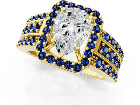 Yellow gold Pear Cut Halo Diamond Ring with Round with Blue Sapphire side stone Split Shank and Prong Setting_1