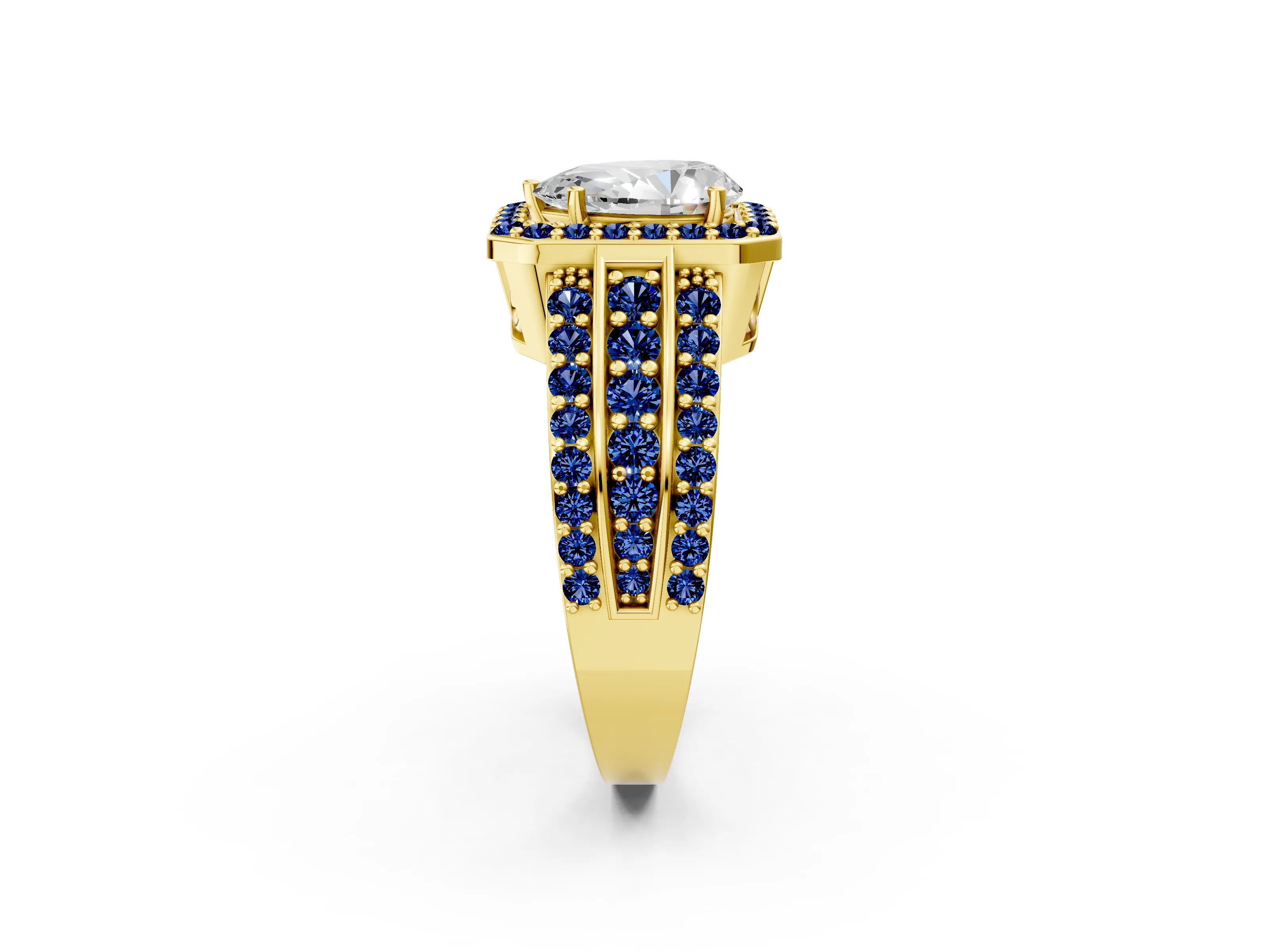 Yellow gold Pear Cut Halo Diamond Ring with Round with Blue Sapphire side stone Split Shank and Prong Setting_2