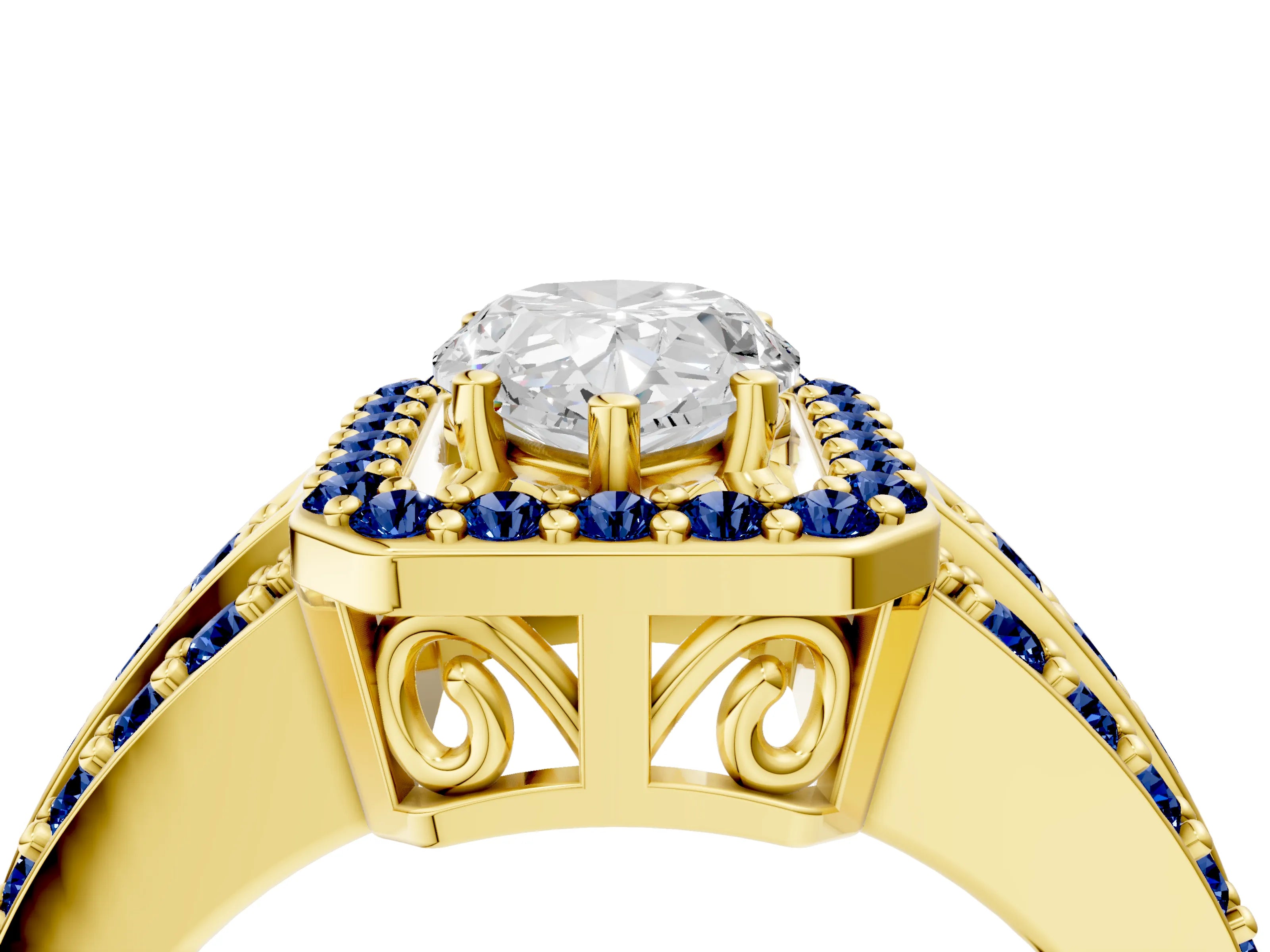 Yellow gold Pear Cut Halo Diamond Ring with Round with Blue Sapphire side stone Split Shank and Prong Setting_4