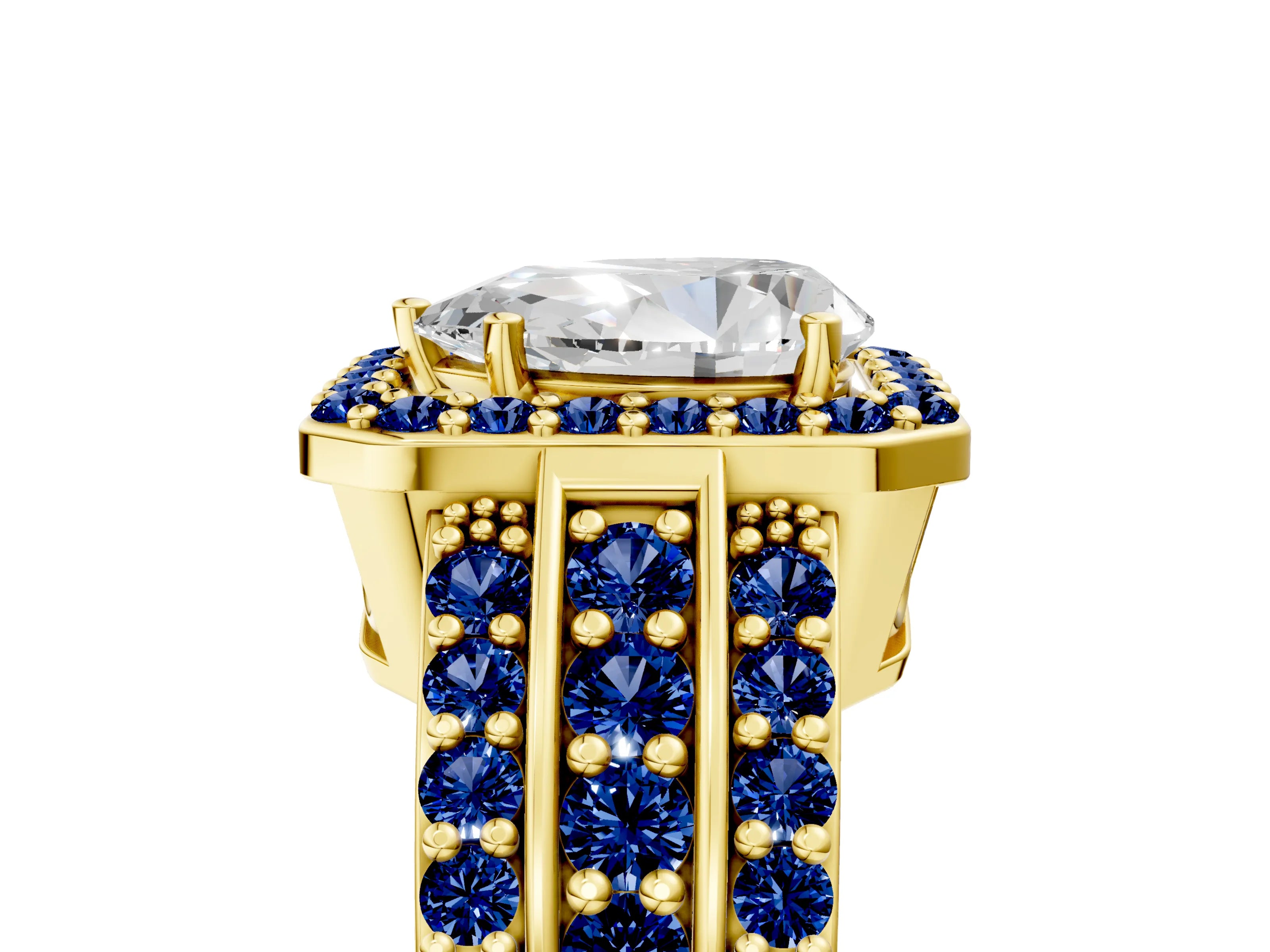 Yellow gold Pear Cut Halo Diamond Ring with Round with Blue Sapphire side stone Split Shank and Prong Setting_5