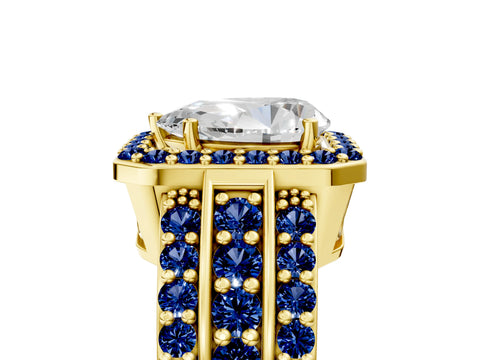 Yellow gold Pear Cut Halo Diamond Ring with Round with Blue Sapphire side stone Split Shank and Prong Setting_5