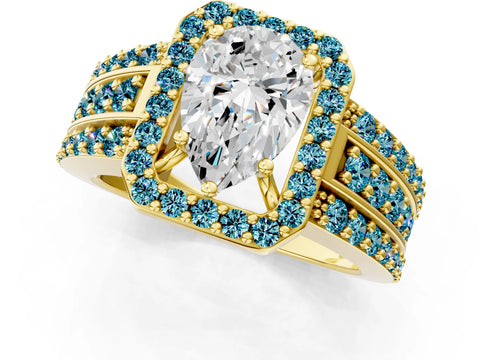 Yellow gold Pear Cut Halo Diamond Ring with Round with Blue Topaz side stone Split Shank and Prong Setting_1