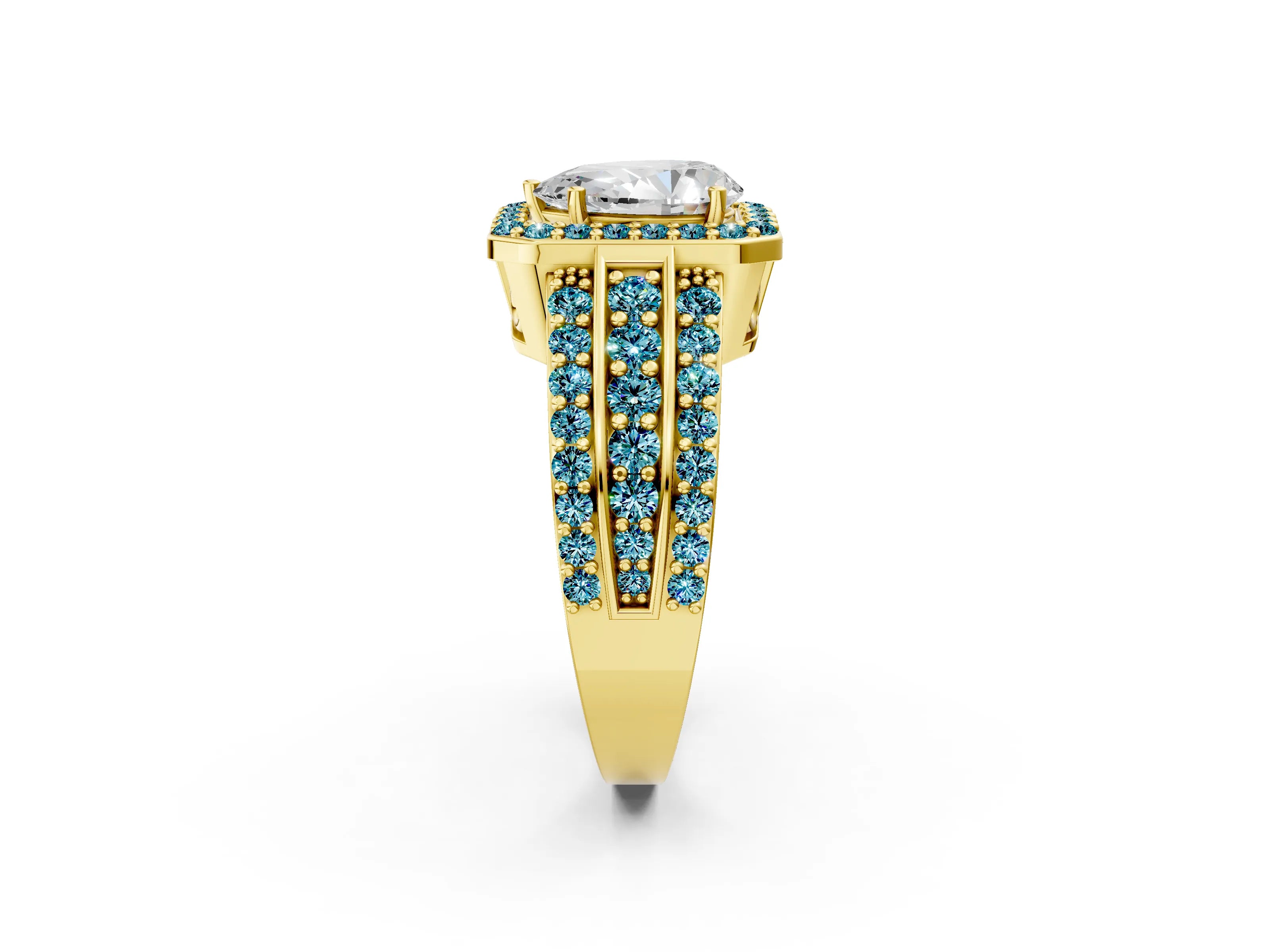 Yellow gold Pear Cut Halo Diamond Ring with Round with Blue Topaz side stone Split Shank and Prong Setting_2