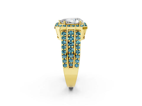 Yellow gold Pear Cut Halo Diamond Ring with Round with Blue Topaz side stone Split Shank and Prong Setting_2