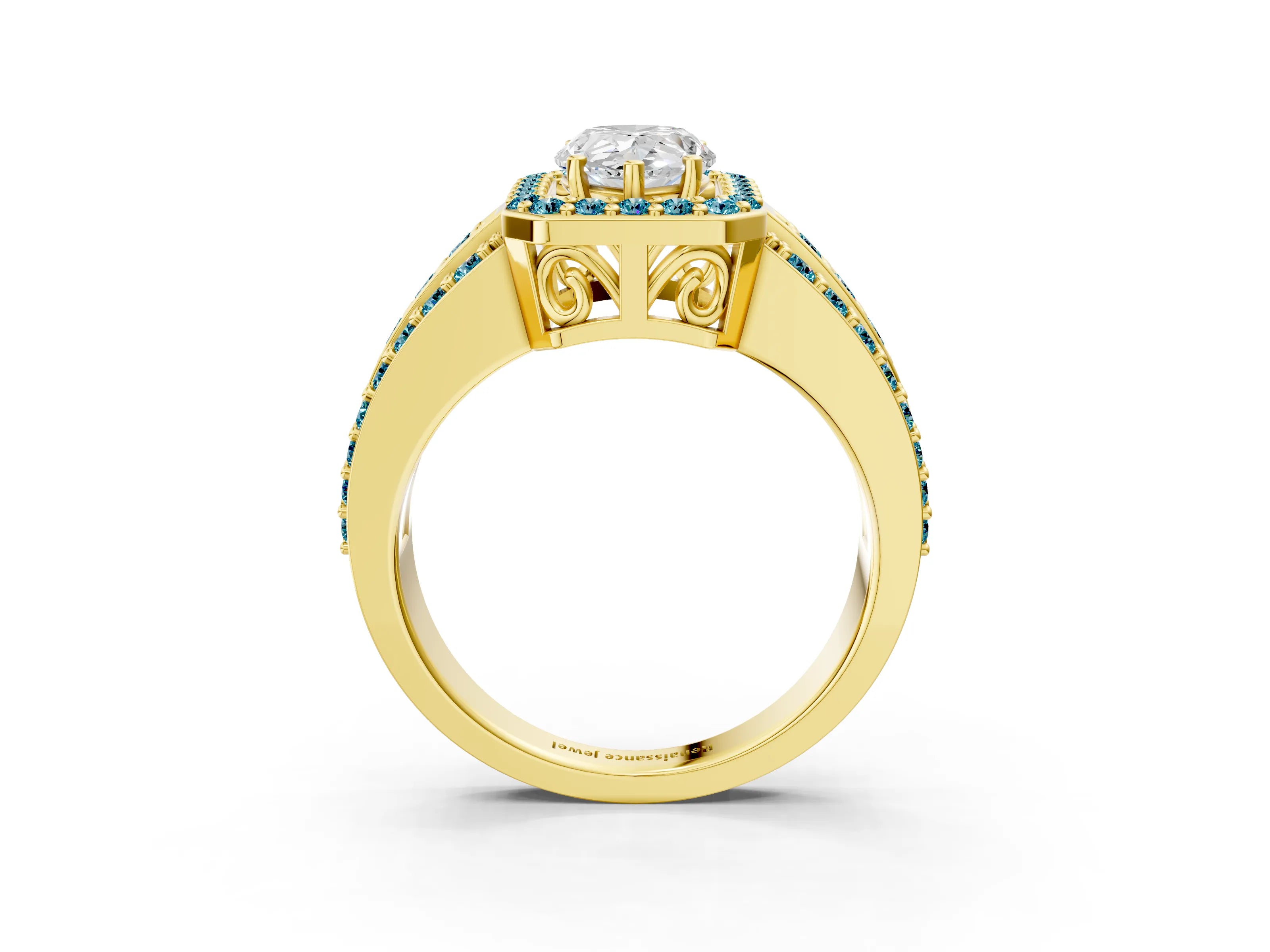 Yellow gold Pear Cut Halo Diamond Ring with Round with Blue Topaz side stone Split Shank and Prong Setting_3