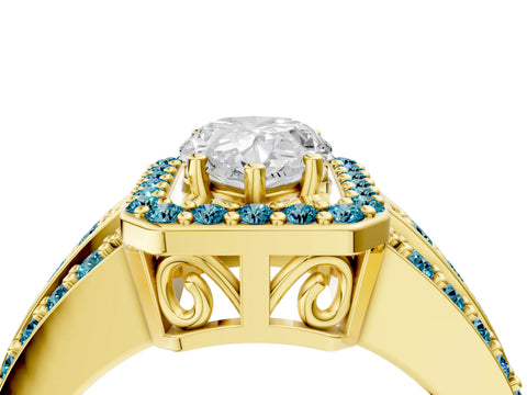 Yellow gold Pear Cut Halo Diamond Ring with Round with Blue Topaz side stone Split Shank and Prong Setting_4