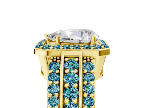 Yellow gold Pear Cut Halo Diamond Ring with Round with Blue Topaz side stone Split Shank and Prong Setting_5