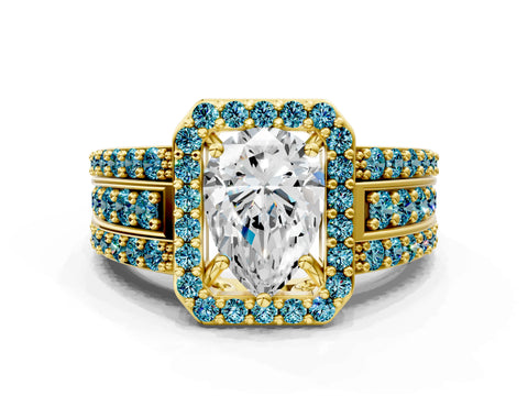 Yellow gold Pear Cut Halo Diamond Ring with Round with Blue Topaz side stone Split Shank and Prong Setting