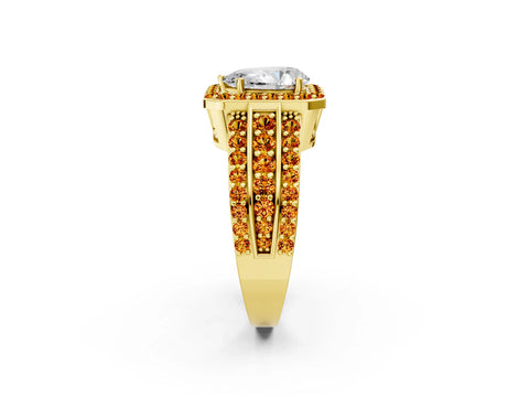Yellow gold Pear Cut Halo Diamond Ring with Round with Citrine side stone Split Shank and Prong Setting_2
