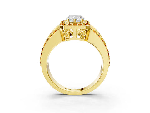 Yellow gold Pear Cut Halo Diamond Ring with Round with Citrine side stone Split Shank and Prong Setting_3
