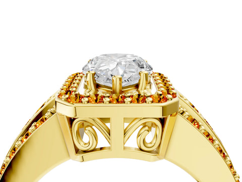 Yellow gold Pear Cut Halo Diamond Ring with Round with Citrine side stone Split Shank and Prong Setting_4