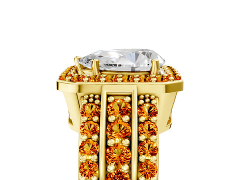 Yellow gold Pear Cut Halo Diamond Ring with Round with Citrine side stone Split Shank and Prong Setting_5